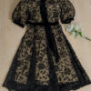 Black lace dress _ Women genuine flower suede lacehigh waist short puff half sleeve v-neck vintage dress