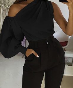 Celmia women long sleeve shirt sexy off shoulder solid fashion casual top elegant skew collar vintage clothing black