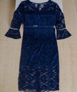 Cherrykekelace dress _ Blue hollow out lace women vintage v-neck flare sleeve high waist bodycon lady dress _ front view