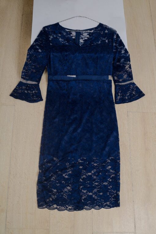 Cherrykekelace dress _ Blue hollow out lace women vintage v-neck flare sleeve high waist bodycon lady dress _ front view