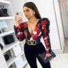 Elegant boho print body suit rompers women jumgsuits puff sleeve skinny sexy V-neck casual body