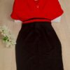 Elegant patchwork dress high waist slim office casual deep v-neck solid patchwork elegant dress red and yellow front view