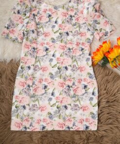Floral mini gown _ Elegant office korean style mini dress, simple puff sleeves, high waist tight dress