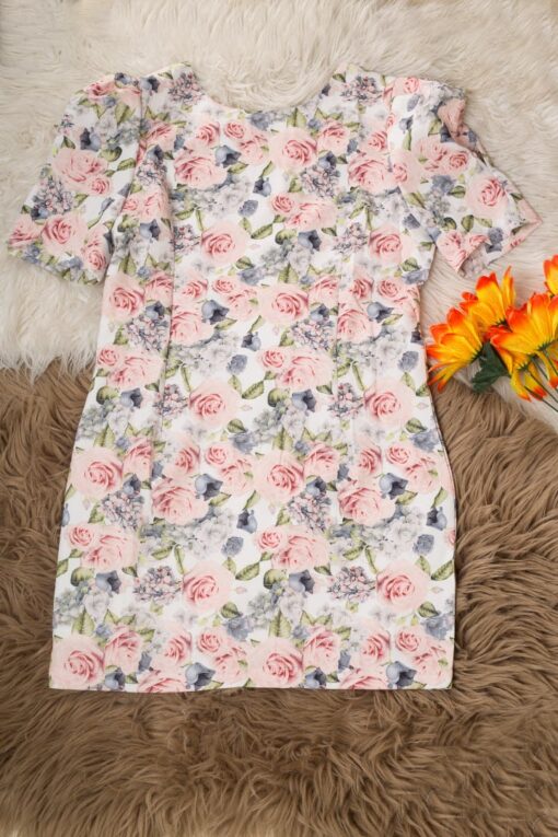 Floral mini gown _ Elegant office korean style mini dress, simple puff sleeves, high waist tight dress