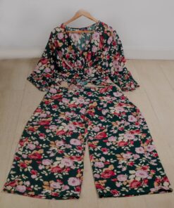 Floral print top and pant _ half sleeve v-neck ruffle top, large pants floral print casual clothing