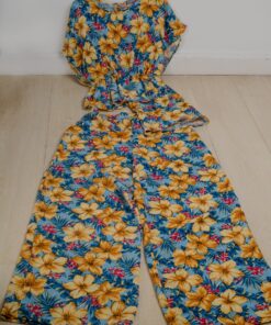 Floral print top and pant _ ruffle top o-neck large pants floral print casual clothing _ yellow and blue