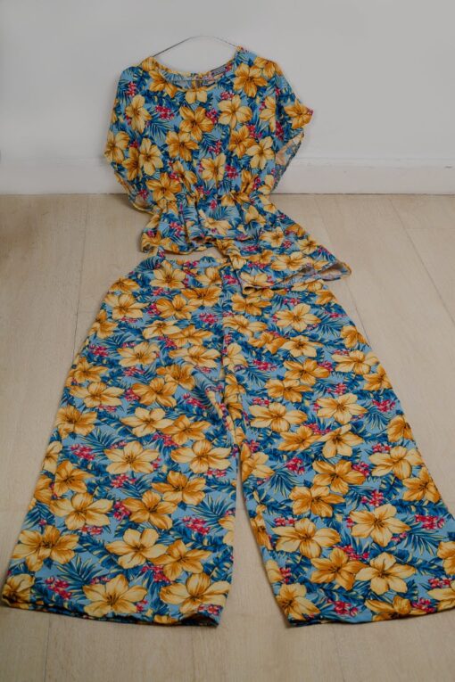 Floral print top and pant _ ruffle top o-neck large pants floral print casual clothing _ yellow and blue