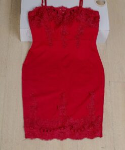 Haute Monde dress _ women lace embroidery tight fit slim sleeveless spaghetti strap short red party dress _ front view