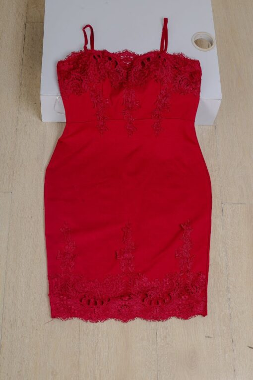 Haute Monde dress _ women lace embroidery tight fit slim sleeveless spaghetti strap short red party dress _ front view