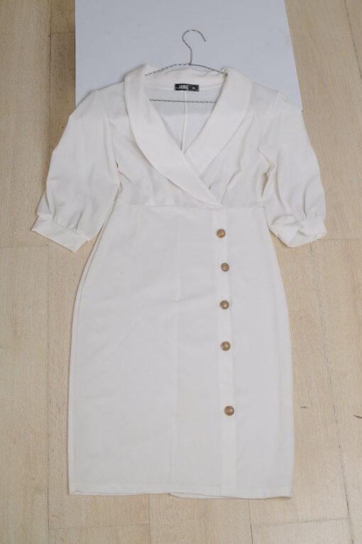 Jamie white dress _ Elegant slim fit buttom v-neck puff half shoulder women dress_ front view