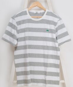 Lacoste round neck stripe short sleeve genuine cotton t-shirt grey and white