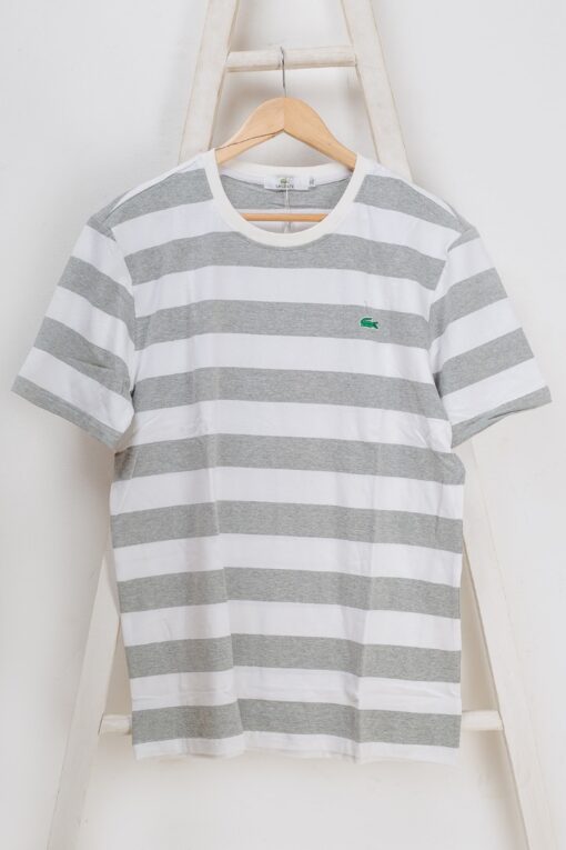 Lacoste round neck stripe short sleeve genuine cotton t-shirt grey and white