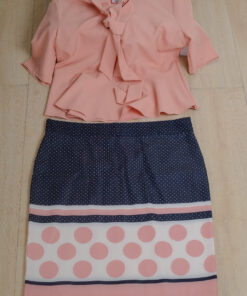 Large size top and skirt _ ruffles top half sleeves v-neck, straight dotted skirt