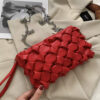 Little women woven leather messenger clutch chain handbag with metal long strap red