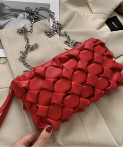 Little women woven leather messenger clutch chain handbag with metal long strap red