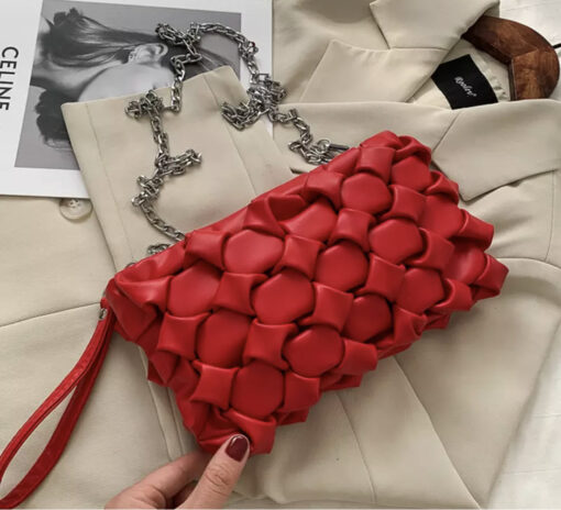 Little women woven leather messenger clutch chain handbag with metal long strap red