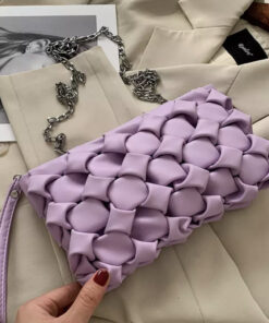Little women woven leather messenger clutch chain handbag with metal long strap violet