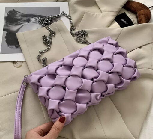 Little women woven leather messenger clutch chain handbag with metal long strap violet