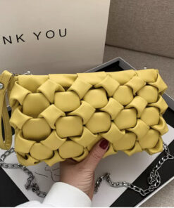 Little women woven leather messenger clutch chain handbag with metal long strap yellow