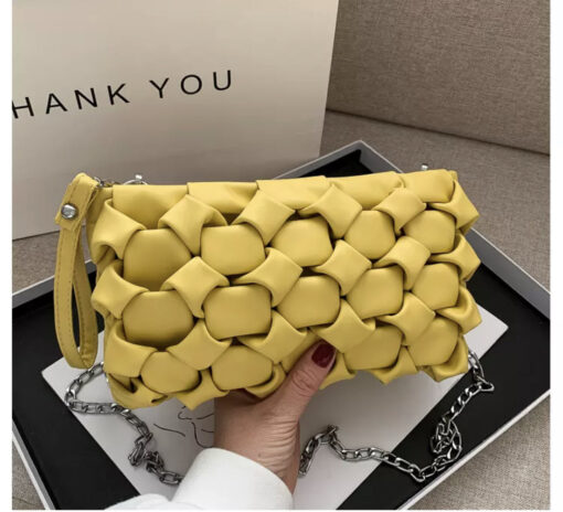 Little women woven leather messenger clutch chain handbag with metal long strap yellow