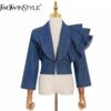 Patchwork Ruffle tunic shirt for women deep V neck Long sleeve denim blouse