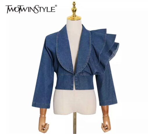 Patchwork Ruffle tunic shirt for women deep V neck Long sleeve denim blouse