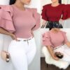 Sex women multi layer ruffle wide sleeve t-shirt casual slim solid top shirt