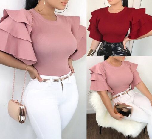 Sex women multi layer ruffle wide sleeve t-shirt casual slim solid top shirt