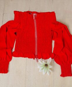 Sexy plain off shoulder puff long sleeve exposed navel slash neck blouse red