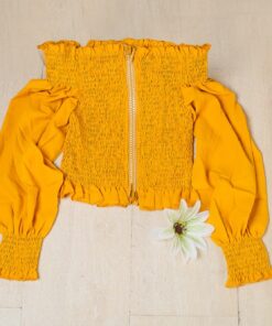 Sexy plain off shoulder puff long sleeve exposed navel slash neck blouse yellow