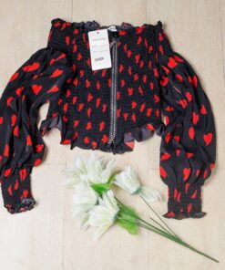 Sexy red heart print off shoulder puff long sleeve exposed navel slash neck blouse black