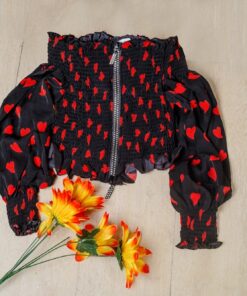 Sexy red heart print off shoulder puff long sleeve exposed navel slash neck blouse black 1