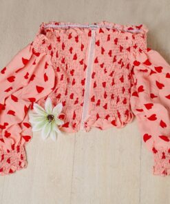 Sexy red heart print off shoulder puff long sleeve exposed navel slash neck blouse pink