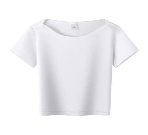 Short sleeved soft cotton women no name scoop neck crop top white