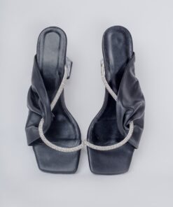 Square toe block transparent heel women leather sandals with rhinestone decoration black