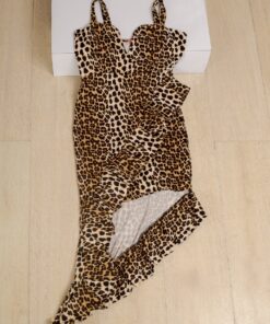 TOP_HOT leopard print dress _ Women leopard print knee-lenght spaghetti strap bodycon split dress _ front view