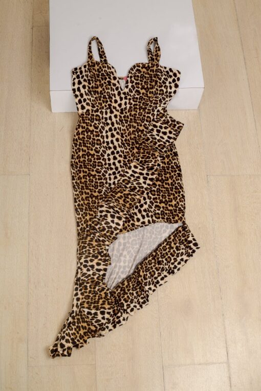 TOP_HOT leopard print dress _ Women leopard print knee-lenght spaghetti strap bodycon split dress _ front view