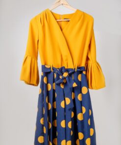 Women polka dot latern sleeve stitching simple print quality v-neck pleated dress