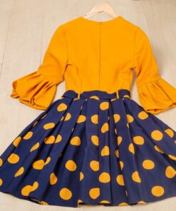 Women polka dot latern sleeve stitching simple print quality v-neck pleated dress