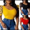 Women vintage sexy short sleeve low cut rib polka dot puff sleeve skinny club fashion t shirts