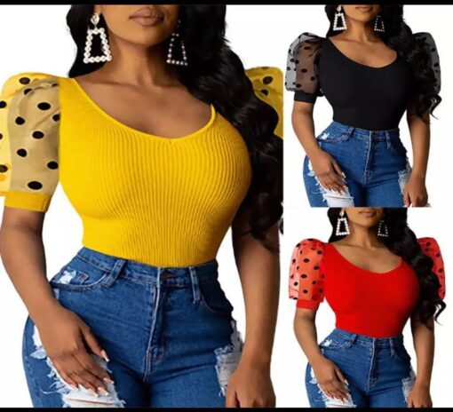 Women vintage sexy short sleeve low cut rib polka dot puff sleeve skinny club fashion t shirts