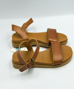 broad front band leather retro solid casual anti skidding flat buckle strap female sandals