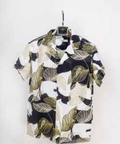 casual short sleeve black and yellow leaves pattern printed men shirt