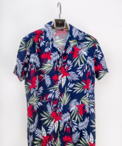 casual short sleeve floral motif printed men slim fit shirt blue