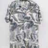 casual short sleeve grey leaves motif printed men shirt (2)