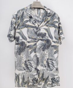 casual short sleeve grey leaves motif printed men shirt (2)
