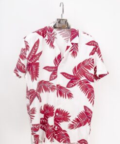 casual short sleeve red leaves motif printed men shirt