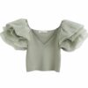 patchwork knitted V-neck grey puffy flarred gauze short sleeve shoulder stretchy ruffles organza top