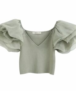 patchwork knitted V-neck grey puffy flarred gauze short sleeve shoulder stretchy ruffles organza top