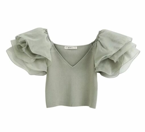 patchwork knitted V-neck grey puffy flarred gauze short sleeve shoulder stretchy ruffles organza top